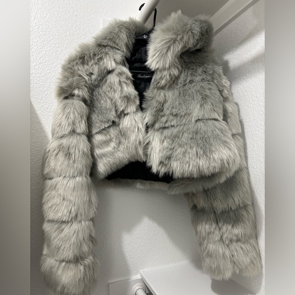 Gray fur coat with hood